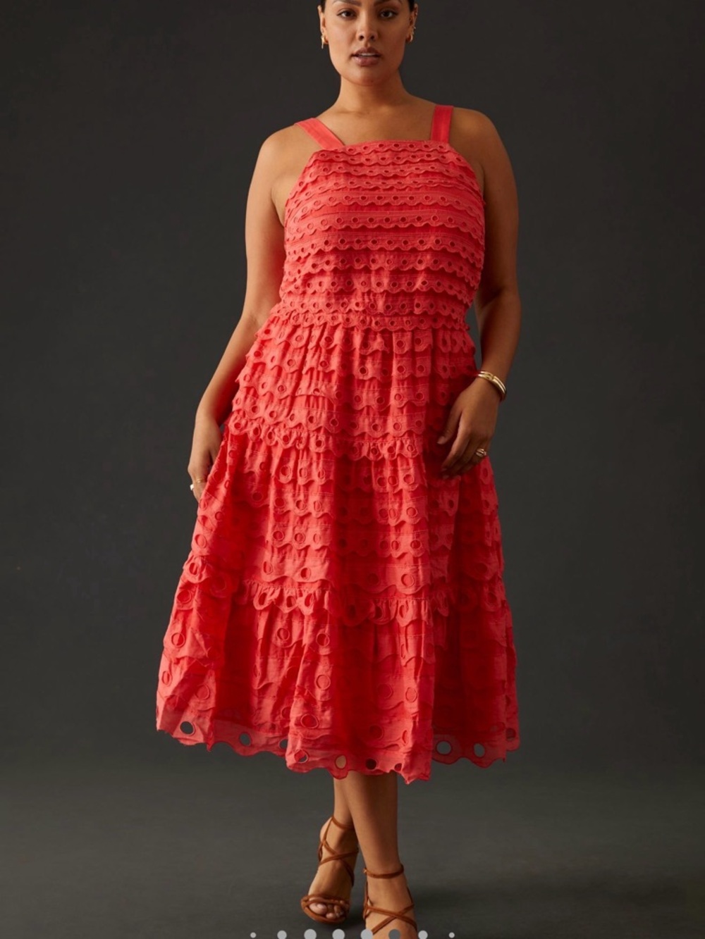 Anthropologie Women’s Coral Red Eyelet Tiered Midi Dress. Size 24. NWT